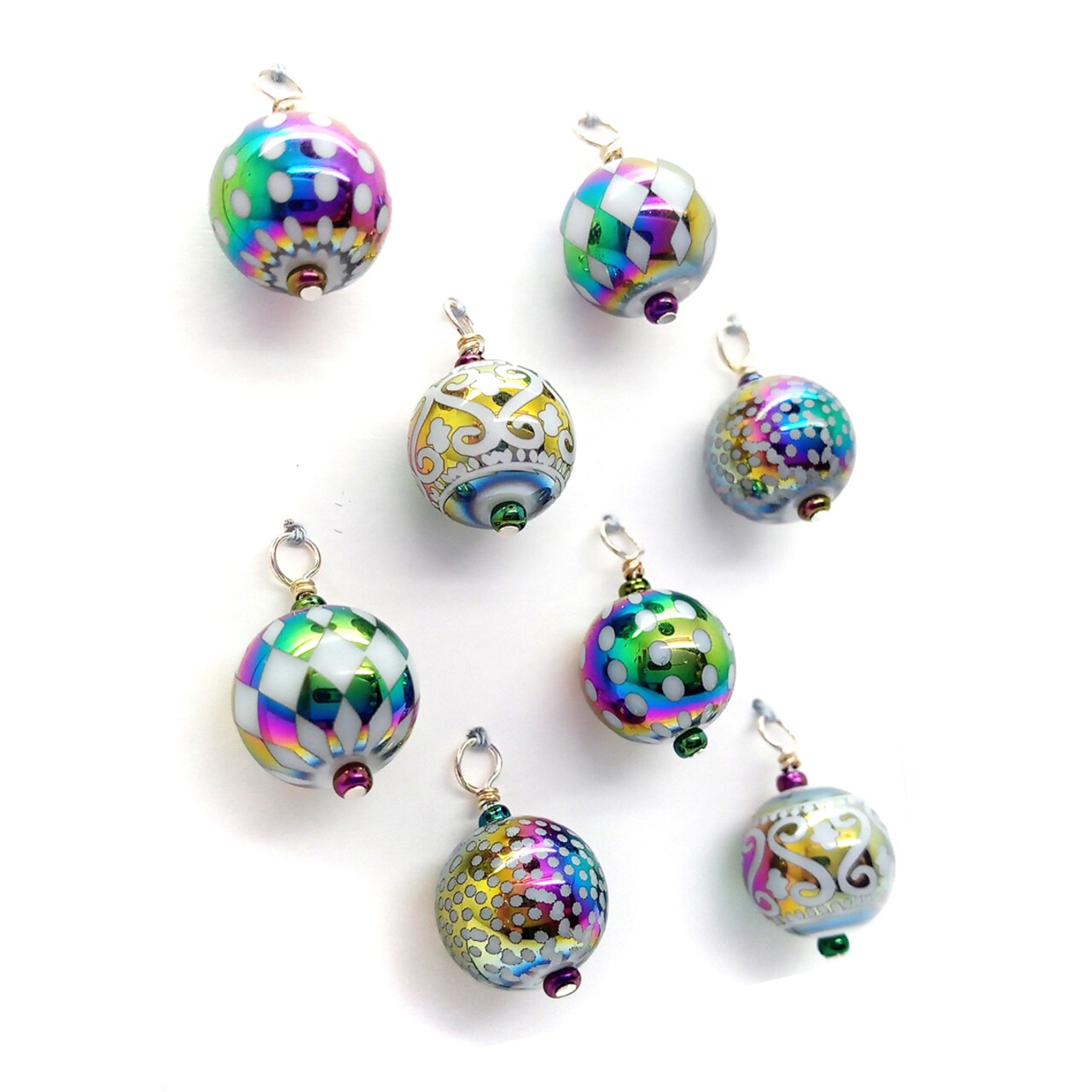 Miniature Ornaments in Rainbow Holiday Patterns, 8 pieces with Hooks, Pretty Mini Baubles, Adorabilities